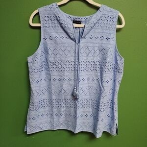 Talbots Blue Eyelet Sleeveless Blouse Tassel Tie Top size xl